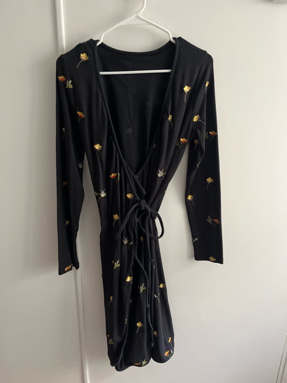 Jessie Zhao Black Embroidered Floral Tie-Waist Wrap Dress